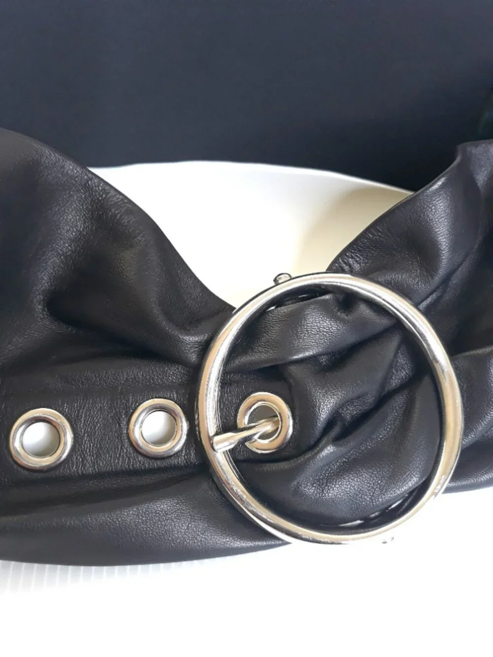 Susie Roher Black Leather Grommet Statement Waist Belt Boho Artsy Chic